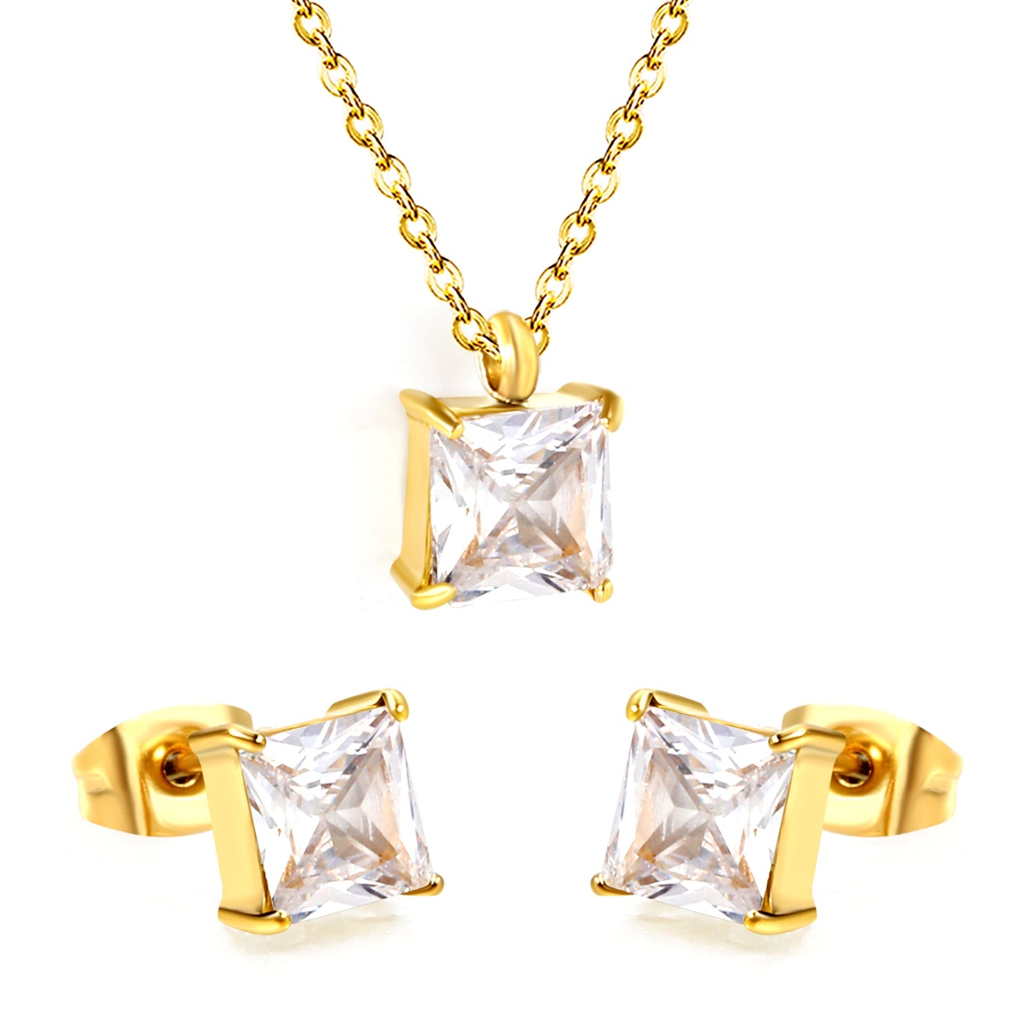 Square Zirconia Set Gold/Steel Tone Studs: 7mm Pendant: 7mm 0.3ct Cross Chain 40+5cm + 6mm Round Tag asonjewelry
